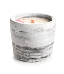 Holder with candle on white background