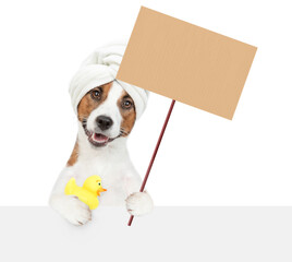 Funny jack russell terrier puppy with towel on it head holds rubber duck and empty placard above empty white banner. isolated on white background