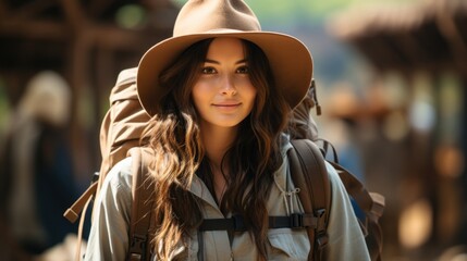 Fototapeta premium Beautiful Asian backpacker traveling alone in the forest. Attractive young female tourist looks around and explores while walking in the natural forest with joy and fun during holiday trip.