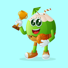 Cute coconut characters playing basketball