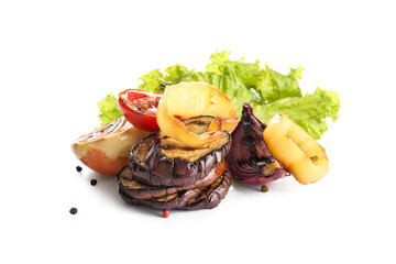 Different tasty grilled vegetables on white background