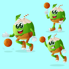 Cute coconut characters playing basketball