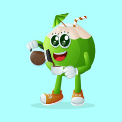 Cute coconut character pouring coffee