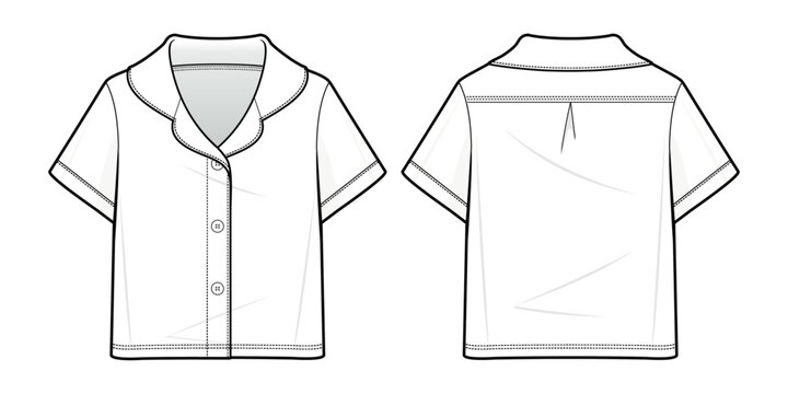 Pajama shirt flat technical fashion illustration. pajama shirt with Short Sleeve, and Notch Collar fashion flat technical drawing template, front view, back view, white color, women, CAD mockup.