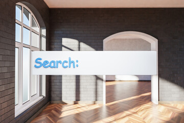 search box text floating in air standing in luxurious loft apartment with arched window and minimalistic interior living room design; 3D Illustration