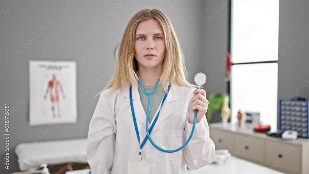 Sticker Young blonde woman doctor smiling confident holding stethoscope at clinic