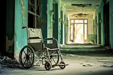 Fototapeta na wymiar A broken wheelchair left in an abandoned hospital, Generative AI