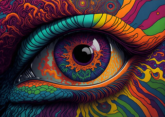 Psychedelic Eye Art, a kaleidoscope of high-quality, detailed visuals in rainbow colors, inspired by psychedelic journeys and hallucinations.