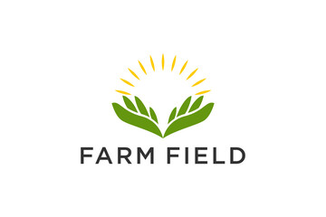 Organic farm logo design hands leaves icon symbol sunshine element