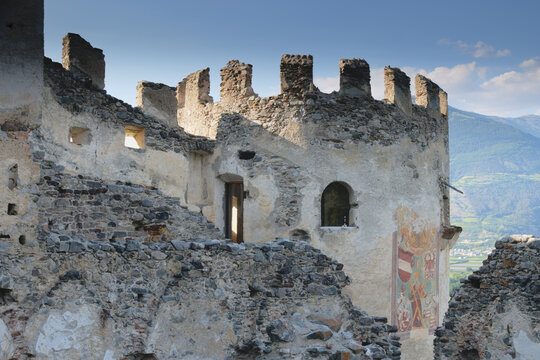 The castle ruins of Lichtenberg in Prad am Stilfser Joch ( Italian: Castello di Montechiaro a Prato allo Stelvio ).  South Tyrol, Italy