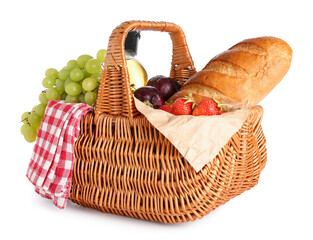 Wicker basket with tasty food for picnic and wine on white background