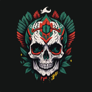 Vintage colorful skull face art design in vector illustration. Grunge colorful skull