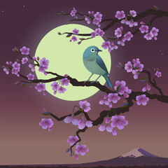 Realistic graphics of Uguisu and Sakura on a background of Fuji. Japanese Nightingale on a branch of blossoming cherries. Vector illustration of Bush Wabler. Fudjiyama in the moon.