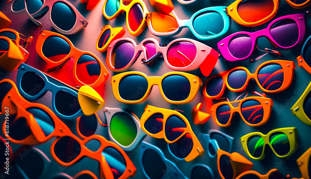 Wall mural Group of colorful sunglasses sitting next to each other. Generative AI.