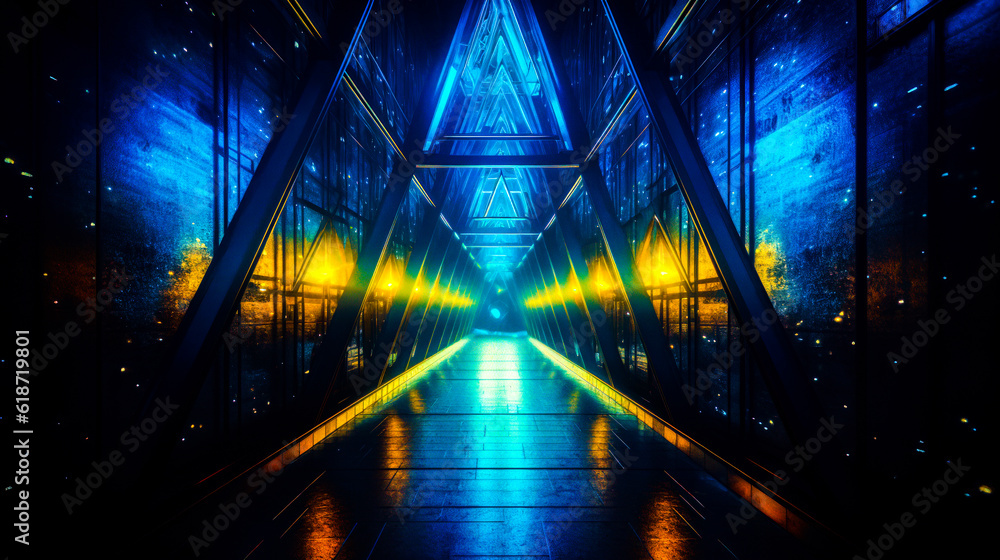 Poster abstract photo of walkway with bright lights in the middle of it. generative ai.