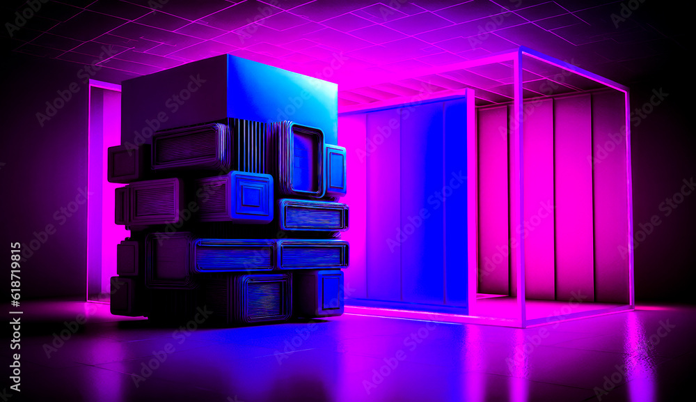 Aufkleber purple and blue room with stack of boxes in the middle of it. generative ai.