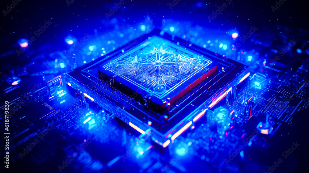 Poster computer processor with blue light shining on it's back ground. generative ai.