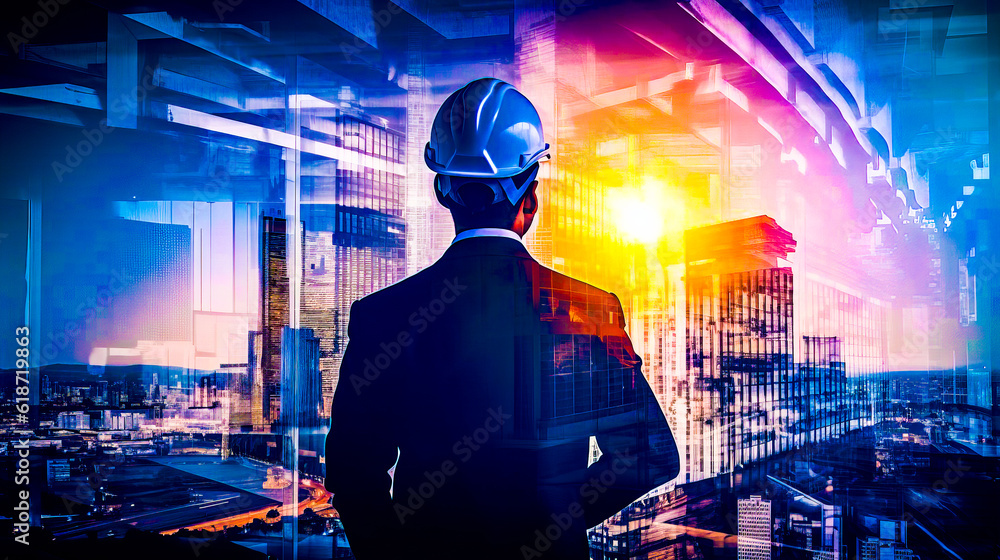 Poster man in suit and hard hat standing in front of cityscape. generative ai.