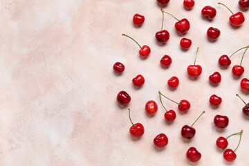 Many sweet cherries on pink background