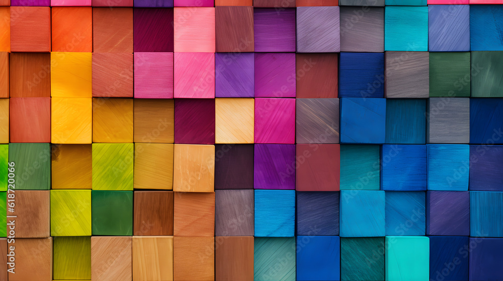 Poster colorful background of wooden blocks. a spectrum of multi colored wooden blocks aligned. background 