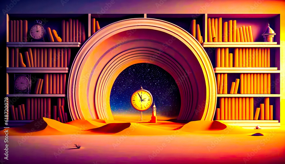 Poster painting of bookcase with clock in the middle of it. generative ai.