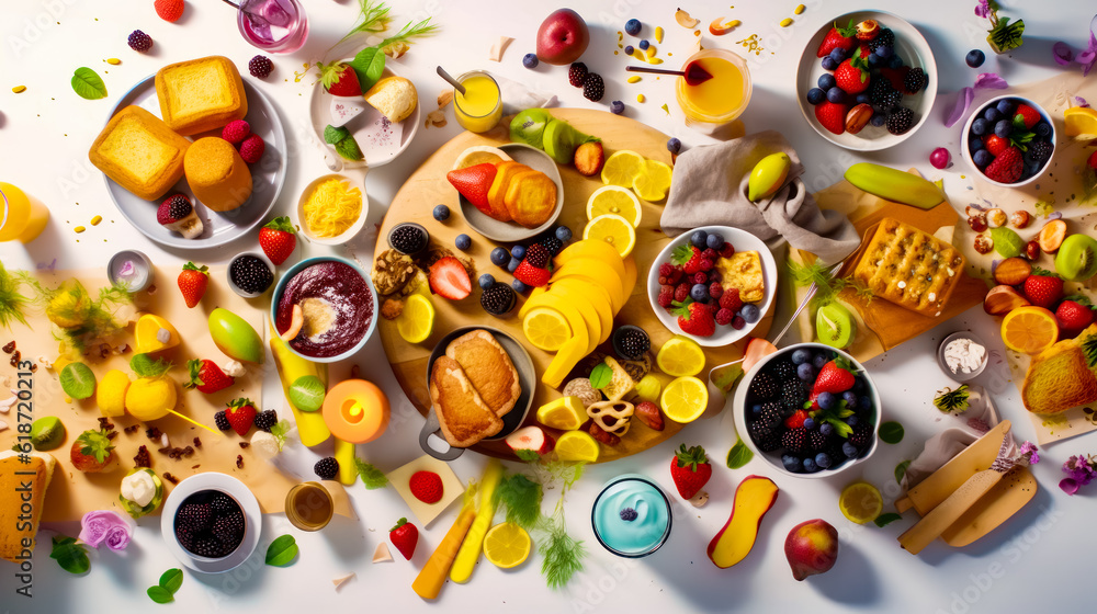 Poster table filled with lots of different types of food and drinks on top of it. generative ai.