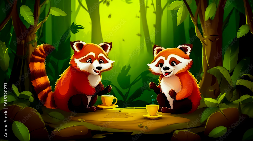 Aufkleber couple of red pandas sitting at table with cup of coffee. generative ai.