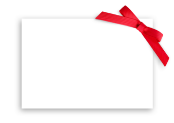 White card with red bow on the right top corner. Template for invitation, birthday or party. Selective focus. Transparent.