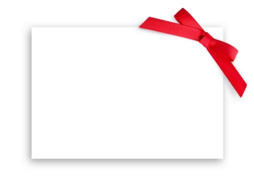 White card with red bow on the right top corner. Template for invitation, birthday or party. Selective focus. Transparent.