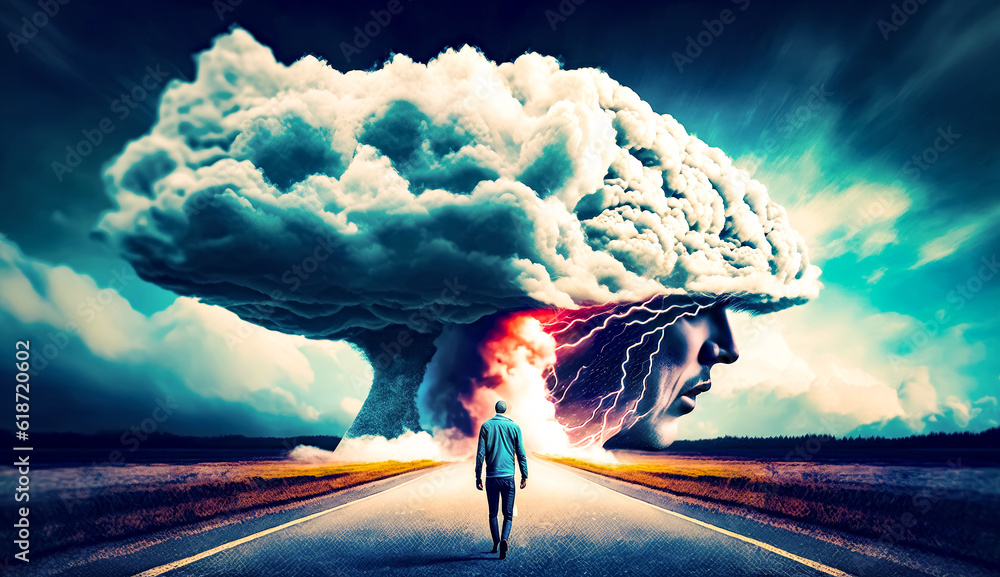Poster man walking down road with huge cloud in the middle of it. generative ai.