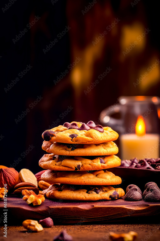 Aufkleber stack of cookies sitting on top of table next to candle. generative ai.