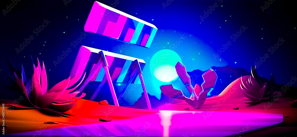 Poster computer generated image of beach chair in the desert with bright blue sky in the background. genera