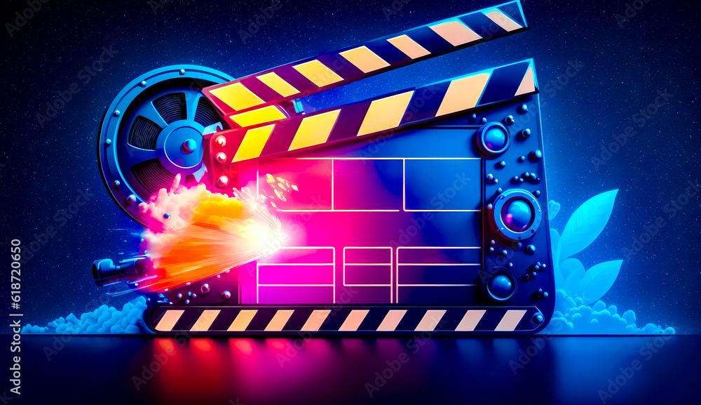 Poster image of movie clapper with bright light coming out of it. generative ai.