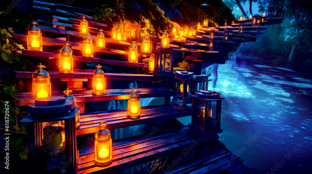 Aufkleber row of wooden benches with lit lanterns on the top of them in front of waterfall. generative ai.