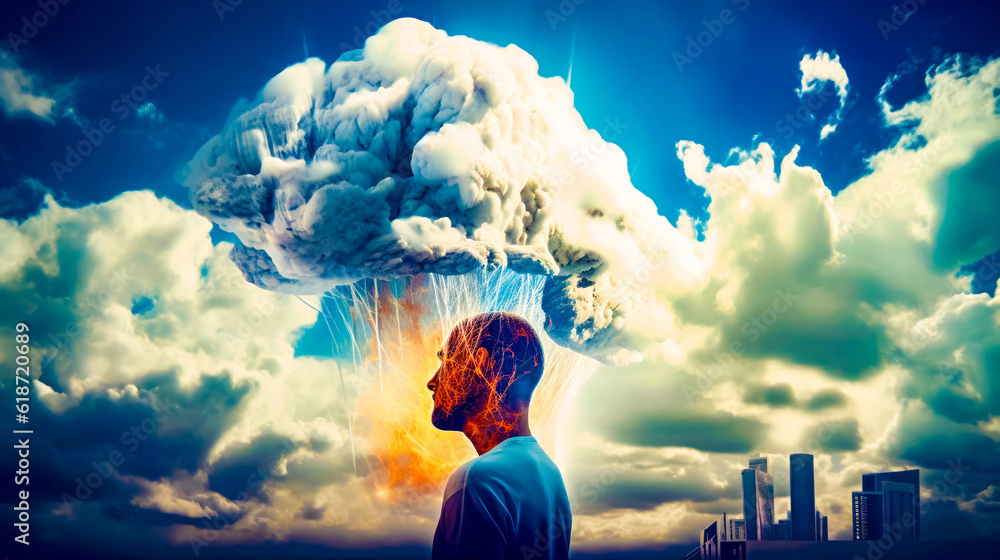 Aufkleber man standing in front of cloud with city in the background. generative ai.