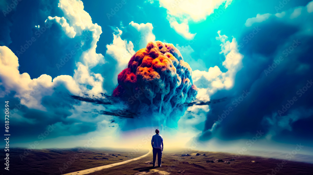 Poster man standing in the middle of road looking at giant cloud. generative ai.