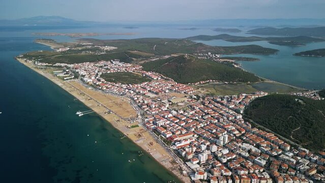 General drone view of Ayvalık beach and houses