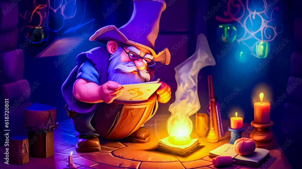 Poster wizard is reading book in front of lamp and wizard's hat. generative ai.