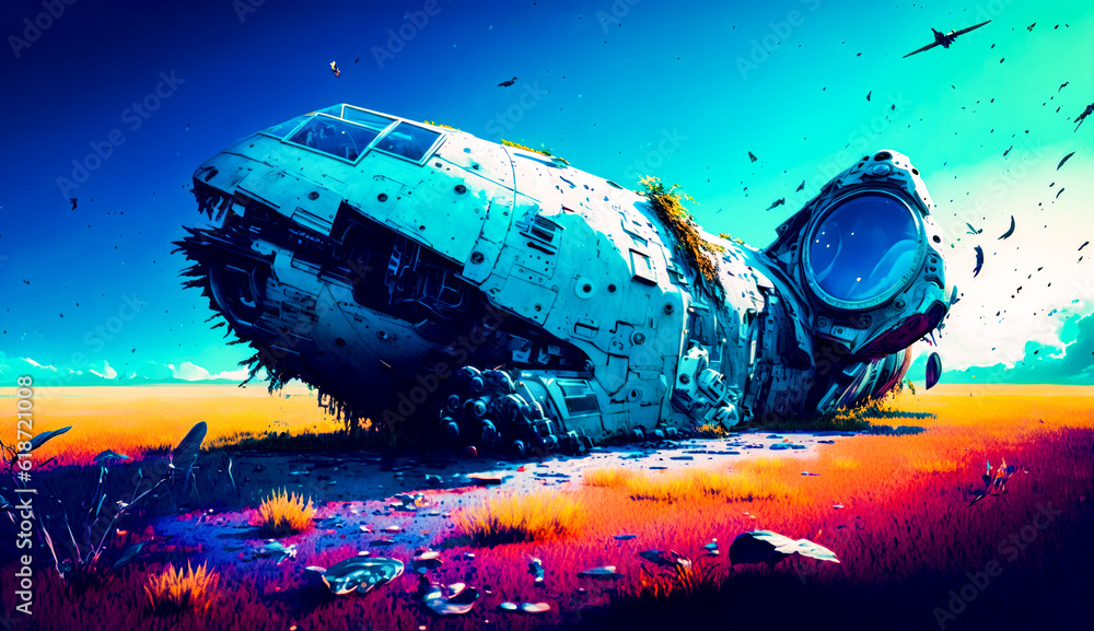 Poster painting of spaceship in the middle of field with sky background. generative ai.