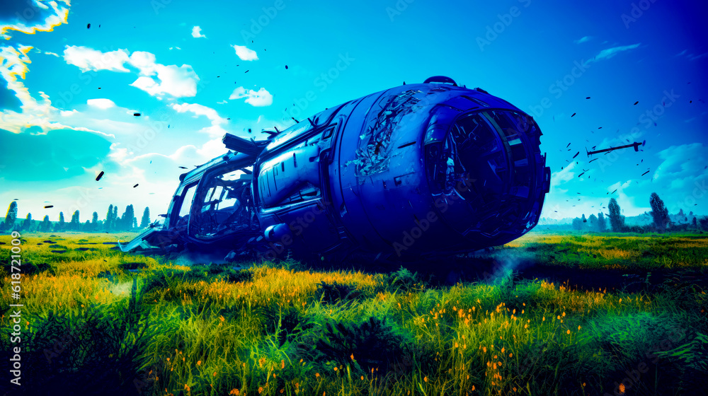 Poster large airplane that is sitting in the middle of field of grass. generative ai.