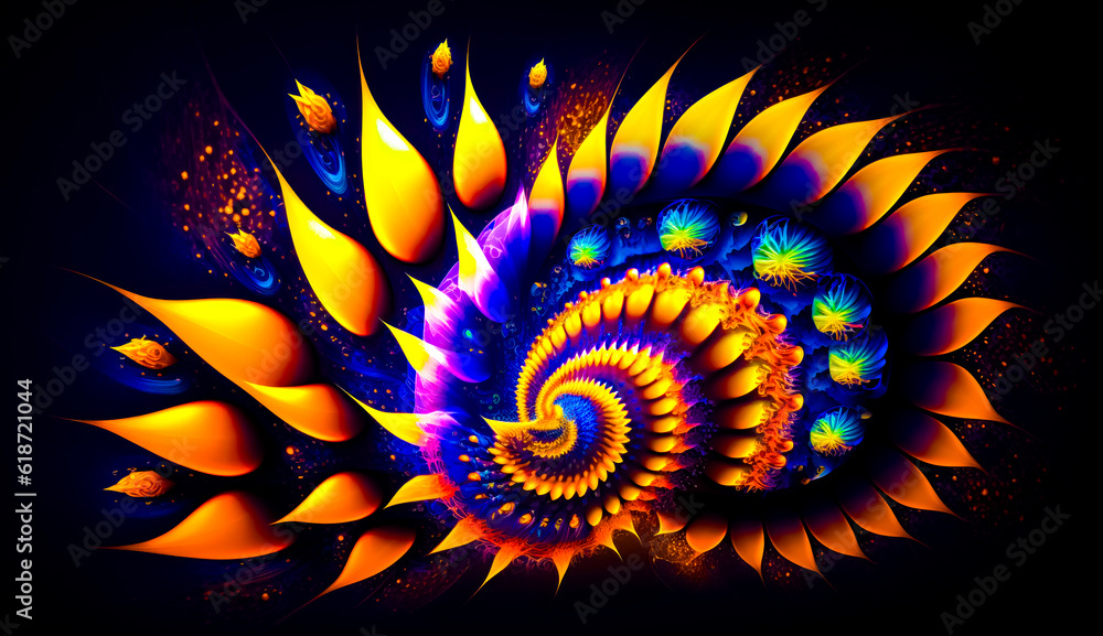 Poster computer generated image of flower with spiral design on the petals. generative ai.