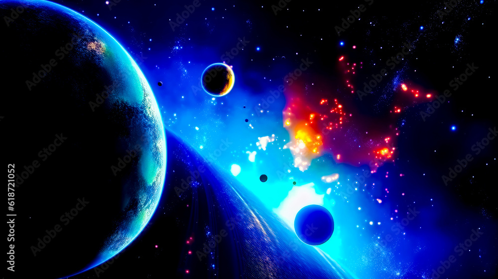 Poster image of space scene with planets in the foreground and stars in the background. generative ai.