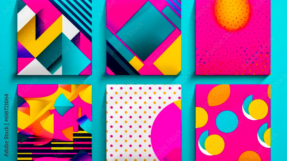 Poster set of four abstract paintings with different colors and shapes on blue background. generative ai.
