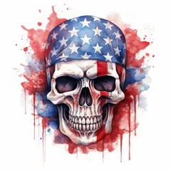 Abwaschbare Fototapete Aquarellschädel  American flag on skull, in whimsical watercolor style, classic tattoo motifs, t-shirt print, isolated on white background, AI generated