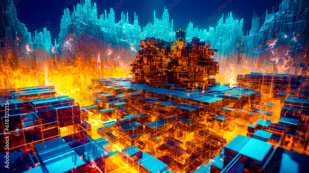 Poster computer generated image of city in the middle of fire filled sky. generative ai.