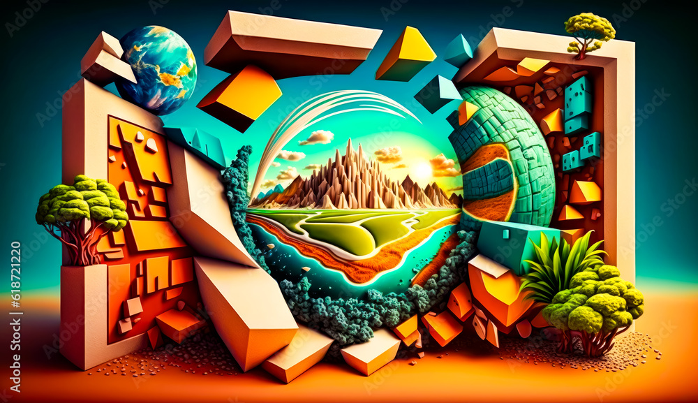 Poster painting of landscape with mountains and planet in the middle of it. generative ai.