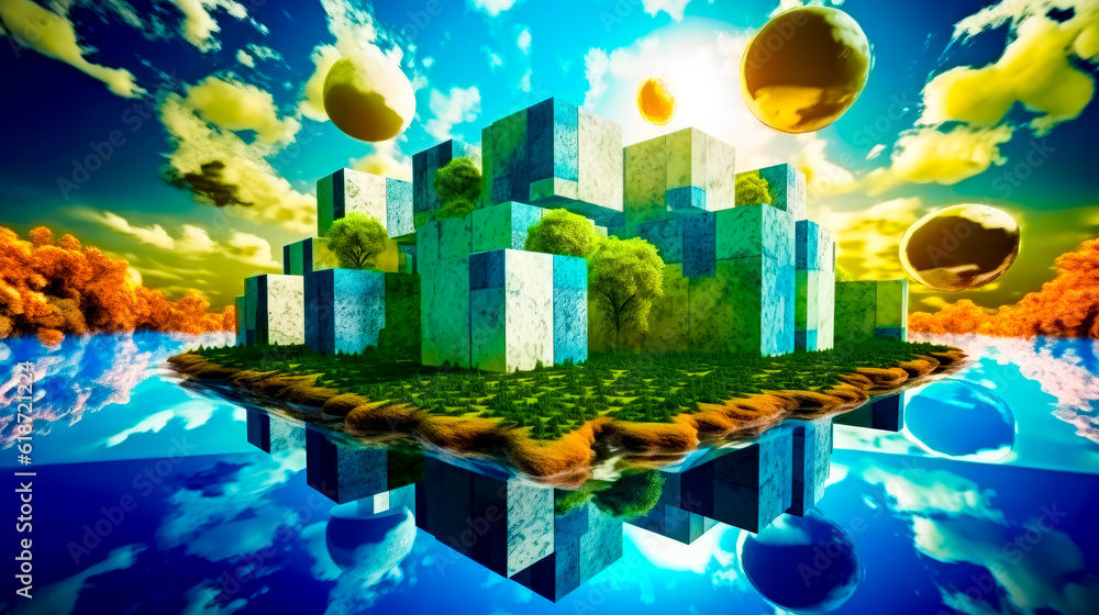 Aufkleber floating island in the middle of body of water with lot of cubes floating. generative ai.