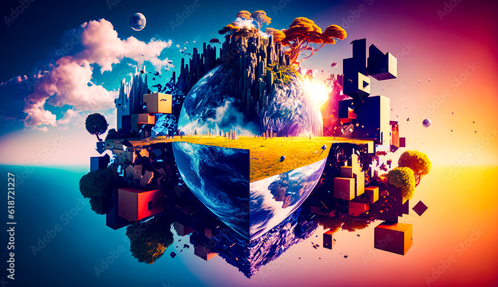 Poster collage of different images with the earth in the middle of it. generative ai.