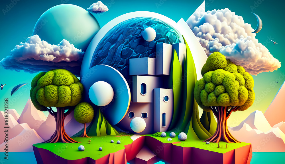 Aufkleber digital painting of landscape with trees and house in the middle of it. generative ai.