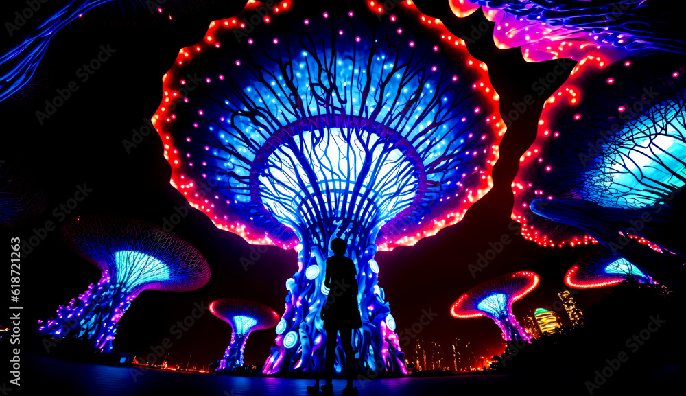 Poster person standing in front of display of trees and lights at night. generative ai.